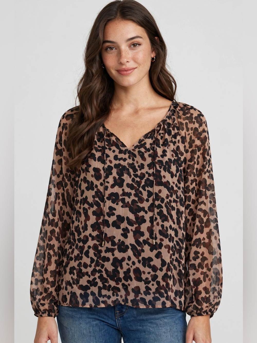 NYDJ Sheer Leopard-Print Peasant Blouse in Taupe and Black